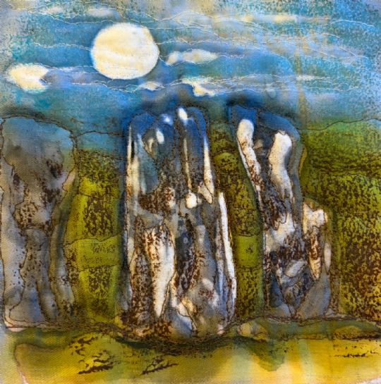 Photo 1 for Ancient stones and landscapes on fabric scroll/ book using Monoprint and batik