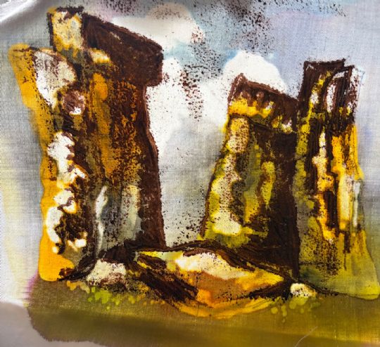 Ancient stones and landscapes on fabric scroll/ book using Monoprint and batik